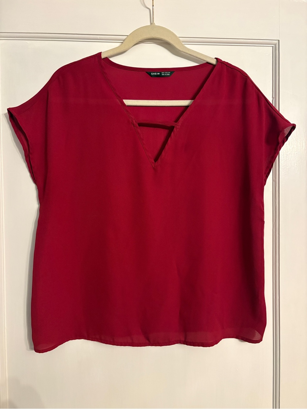 Red V-Neck Short Sleeve Blouse with Bar Detail